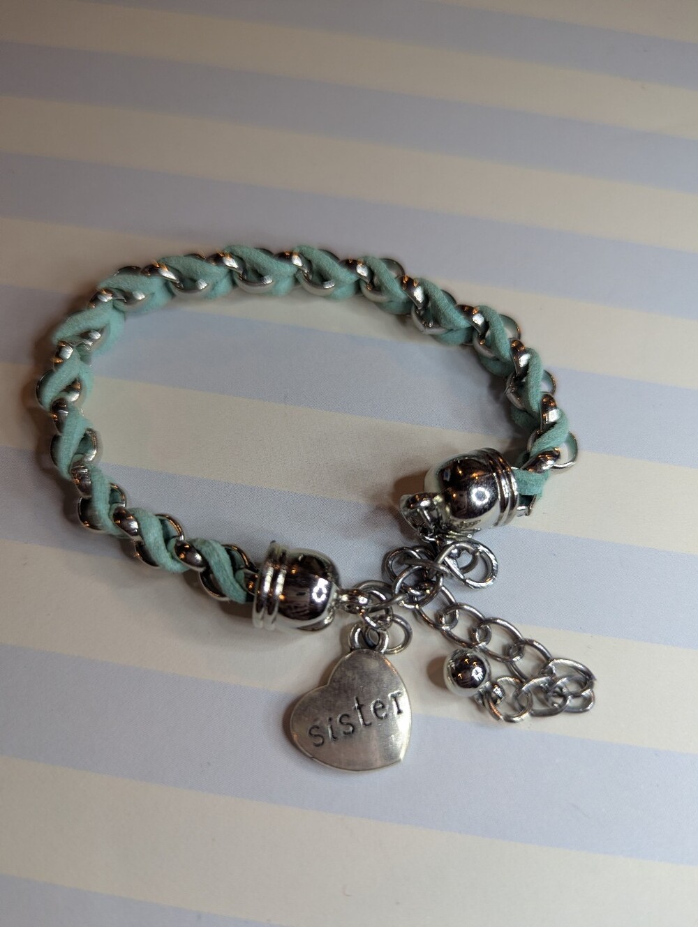 Sister Braided Aqua And Silver Tone Adjustable Bracelet Brand New